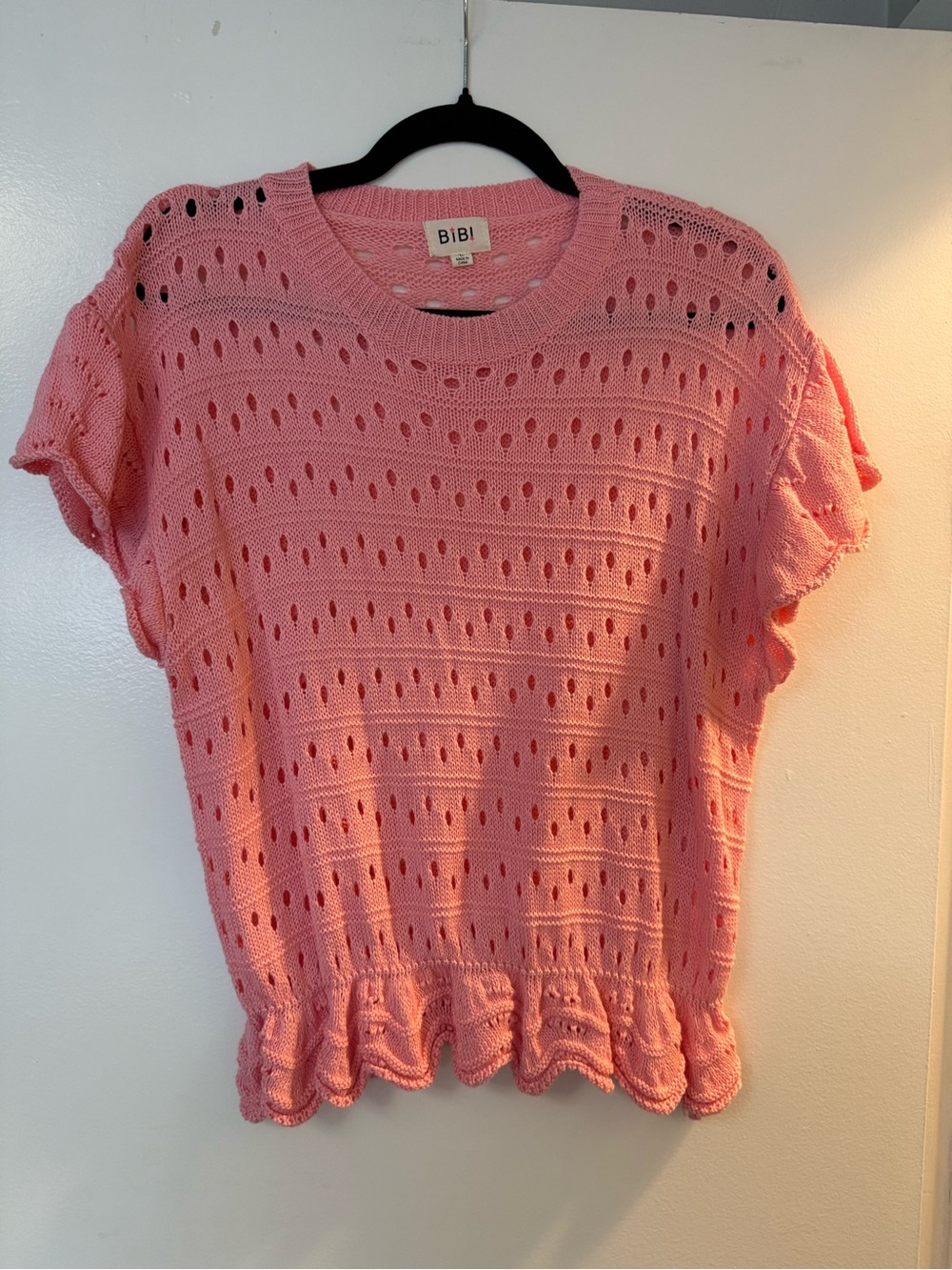 BiBi Pink Crochet Knit Short Sleeve Top